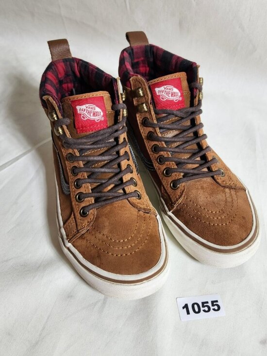 Vans Off the Wall Mens 5 Women 6.5 Brown Suede Skate Sneakers Red Black Plaid